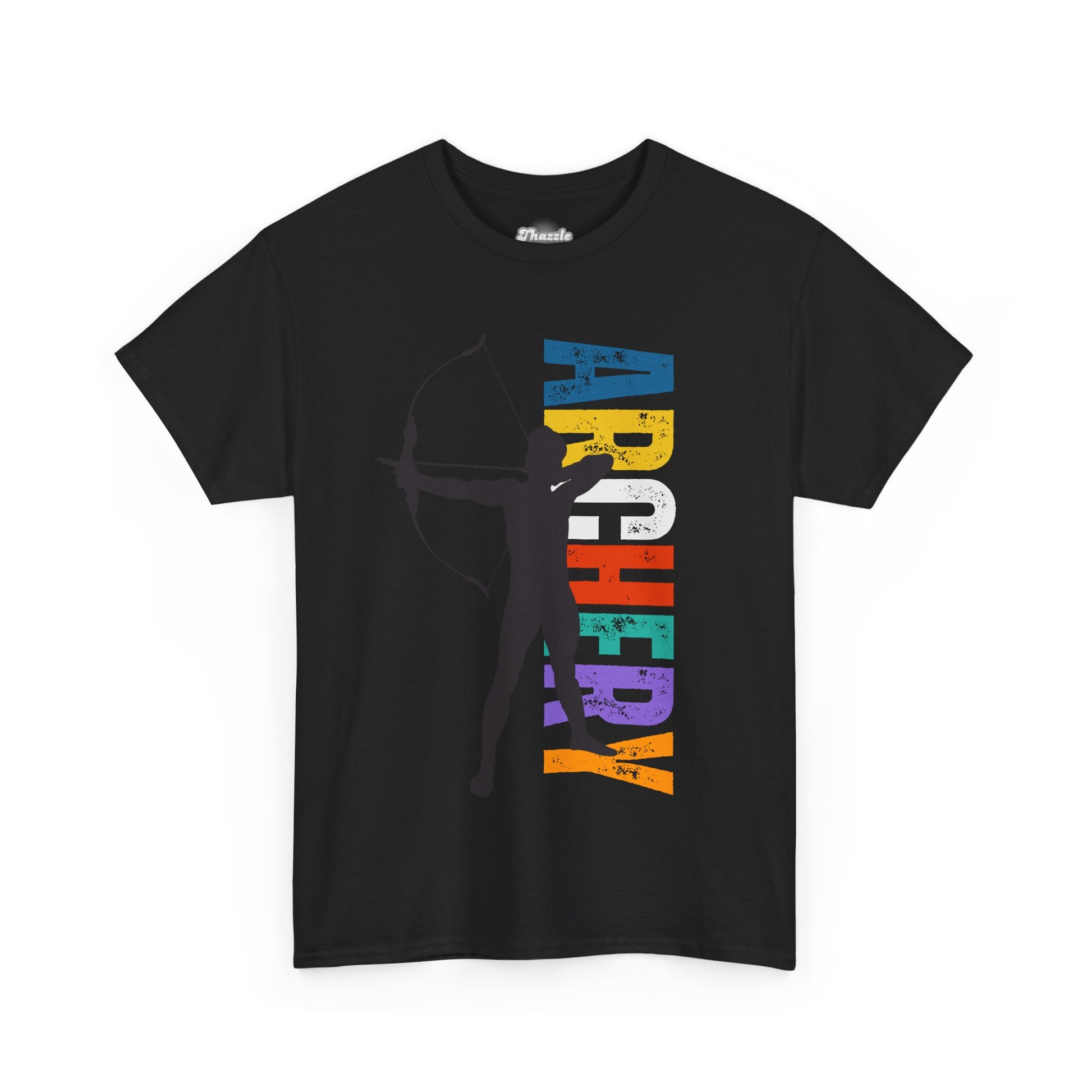 Men's vintage archery silhouette T-shirt with rainbow letters, featuring a stylish archer design for outdoor enthusiasts.