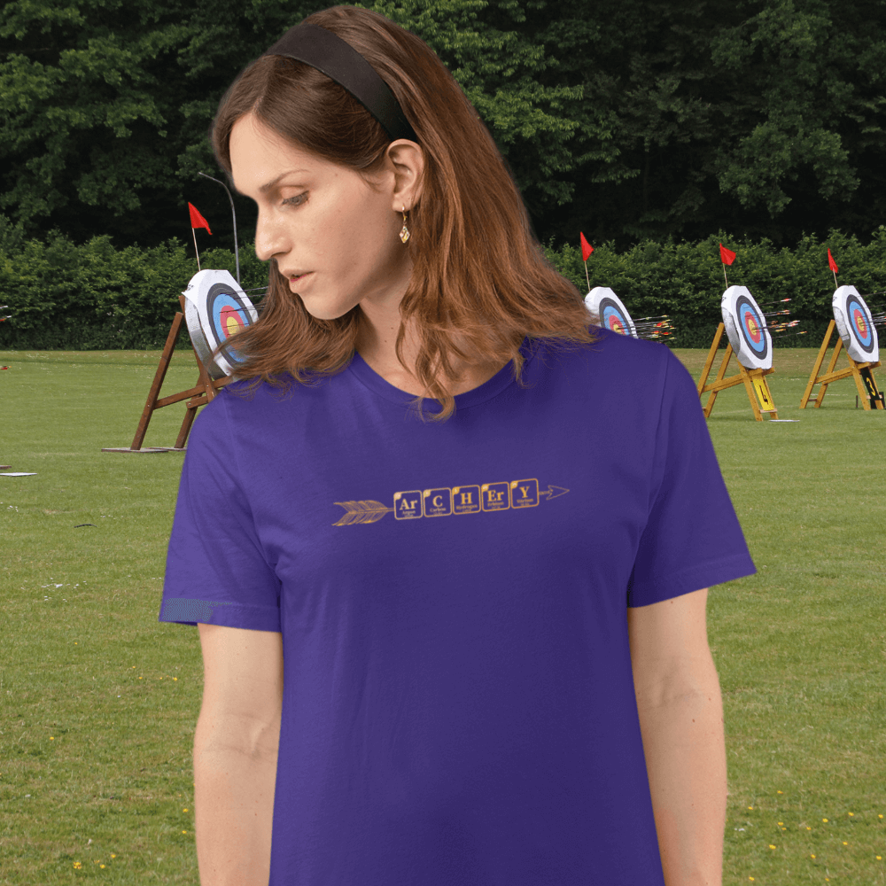 Combine your love for science and sport with the Archery Element T-Shirt! This clever design features the word "Archery" spelled out using elements from the periodic table—Argon, Carbon, Hydrogen, Erbium, and Yttrium—all aligned with a beautifully detailed arrow graphic